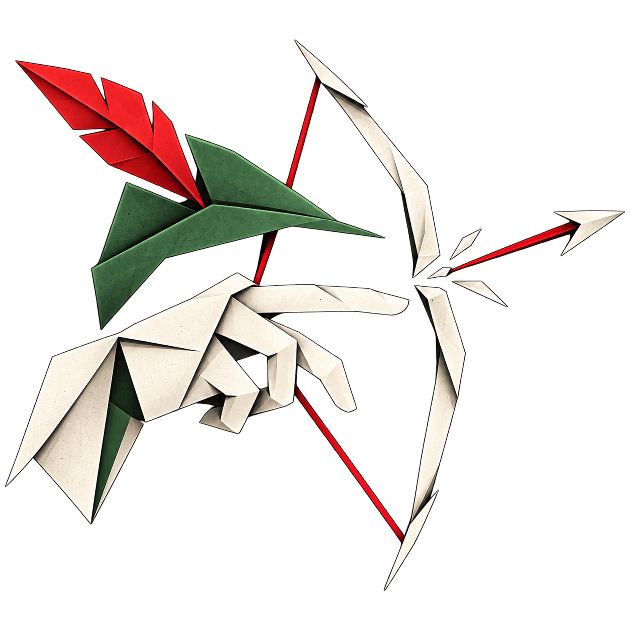 Origami archer drawing a red bow